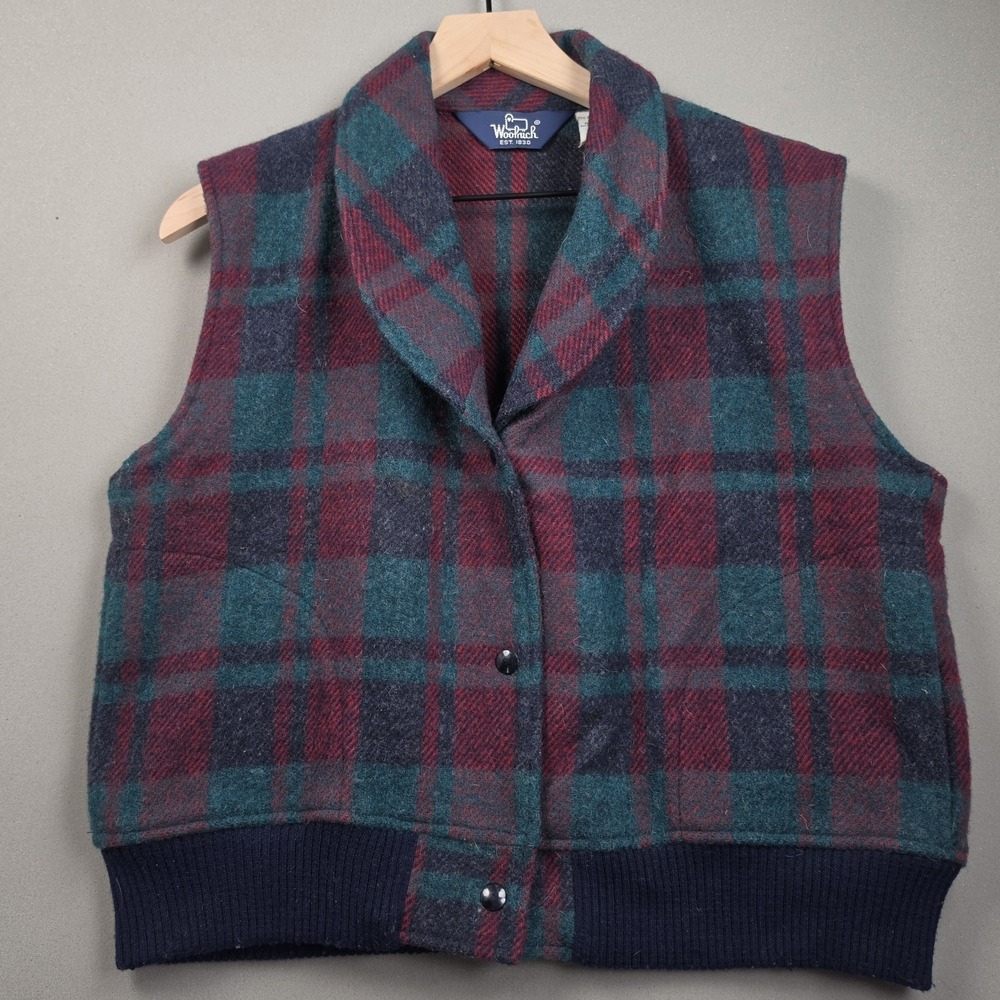 Vintage Woolrich Wool Vest Womens L Wine Green Plaid Shawl Collar Snap Front USA